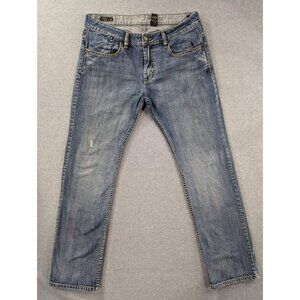 Buffalo David Bitton Jeans Mens 34x33 Blue Straight Distressed Denim Embroidered